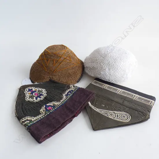 Two small brown childs skull caps, woven cap, crochet muslim cap, plus a pencil sketch.